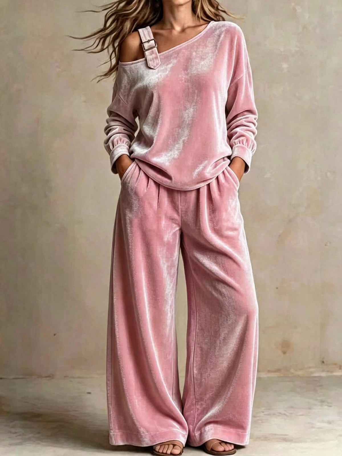 Finiks Gravity | Women's Velvet Off-Shoulder Two-Piece Pants Set | Product image 2