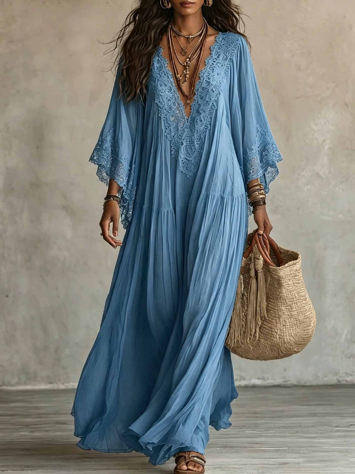 Finiks Gravity | Women's Lace Trim V-Neck Flowy Maxi Dress | Product image 6