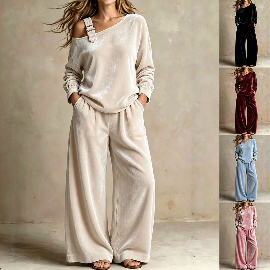 Women's Velvet Off-Shoulder Two-Piece Pants Set