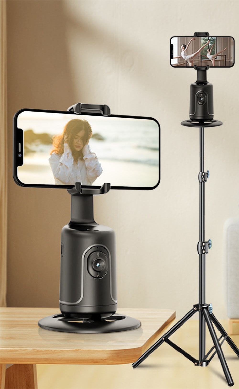 AI face tracking phone holder with full tripod stand