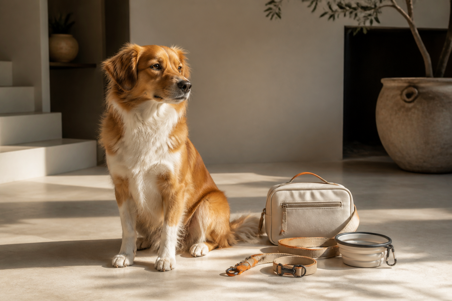 Hund mit Reise-Essentials